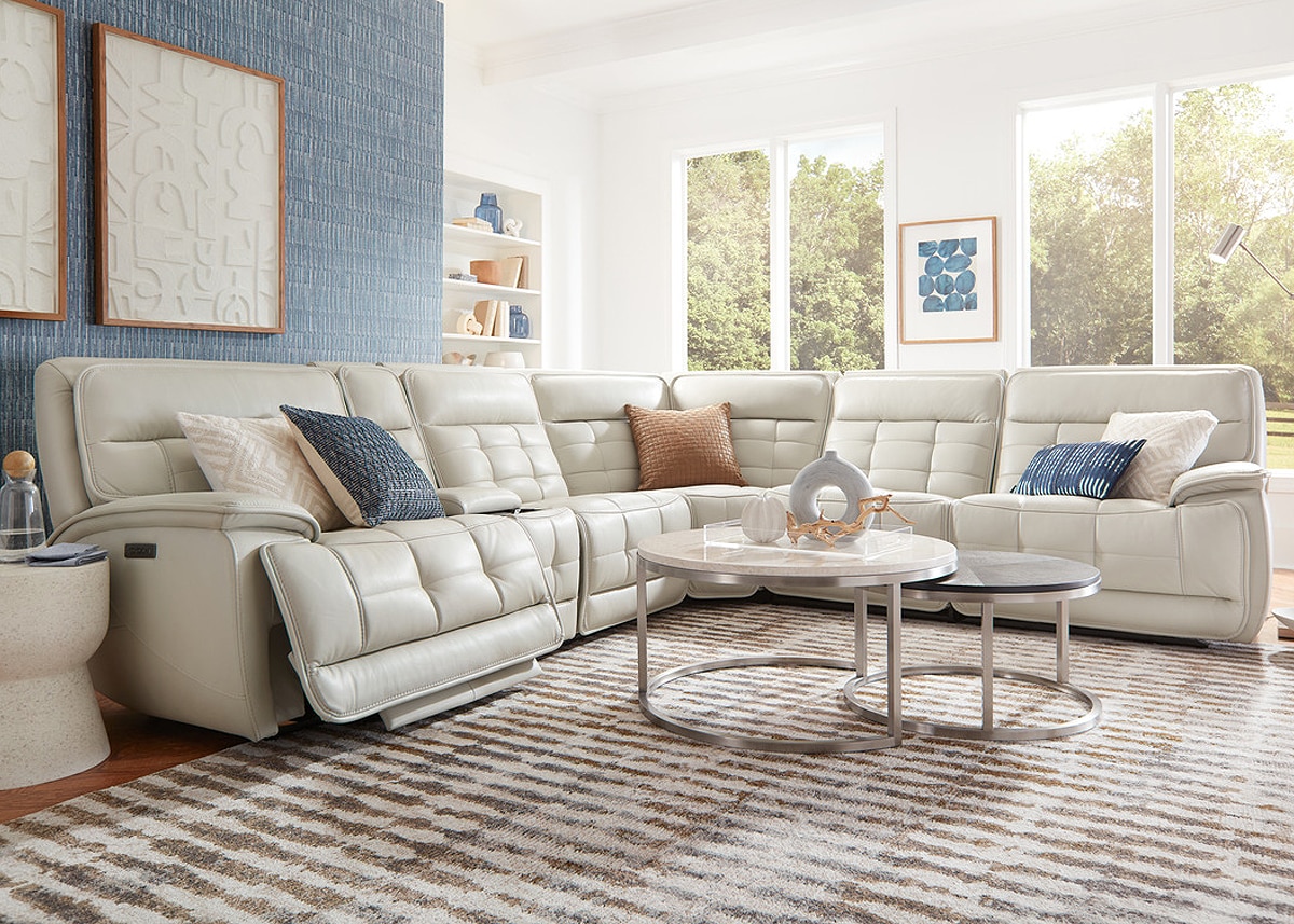 Pacific Heights Gray Leather 6 Pc. Power Reclining Sectional W/ Power Headrests & 2 Armless Chairs By Drew & Jonathan