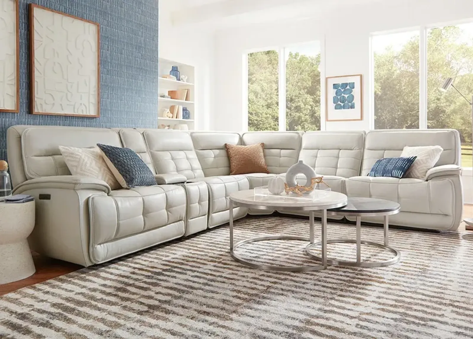 Pacific Heights Gray Leather 6 Pc. Power Reclining Sectional W/ Power Headrests & 2 Armless Chairs By Drew & Jonathan