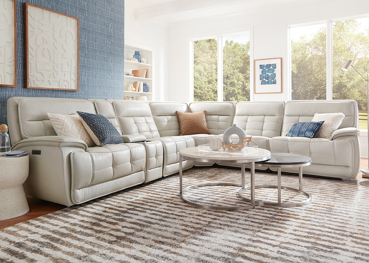 Pacific Heights Gray Leather 6 Pc. Power Reclining Sectional W/ Power Headrests By Drew & Jonathan