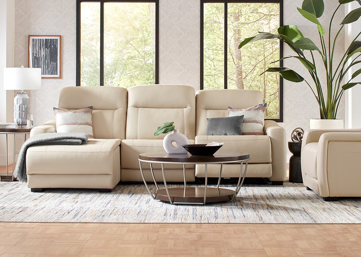 Newport Beige Leather 3 Pc. Power Reclining Sectional W/ Power Headrests & Chaise By Drew & Jonathan (Reverse)