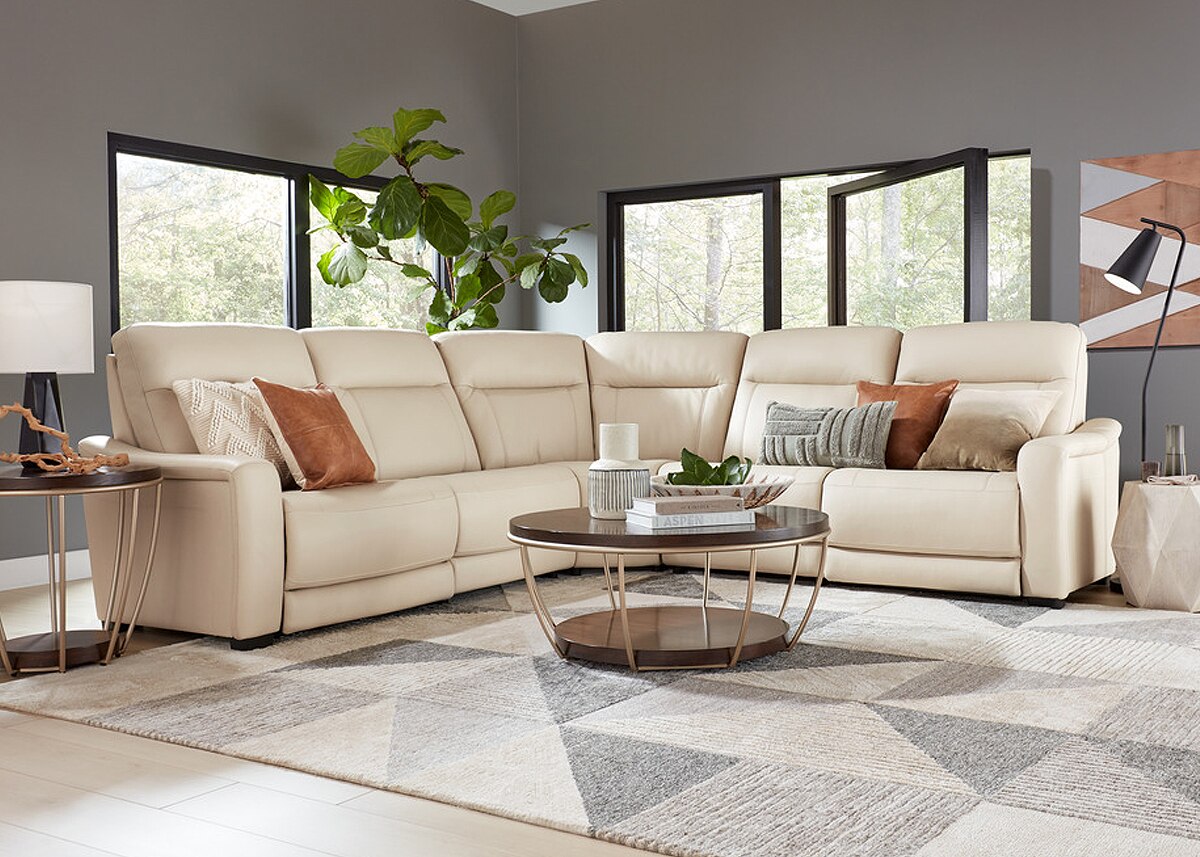 Newport Beige Leather 5 Pc. Power Reclining Sectional W/ Power Headrests & 2 Armless Chairs By Drew & Jonathan
