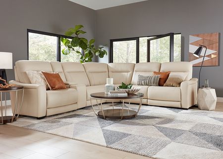Newport Beige Leather 6 Pc. Power Reclining Sectional W/ Power Headrests, 2 Armless Chairs By Drew & Jonathan