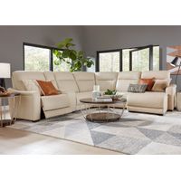 Newport Beige Leather 6 Pc. Power Reclining Sectional W/ Power Headrests & 2 Armless Chairs & Chaise By Drew & Jonathan