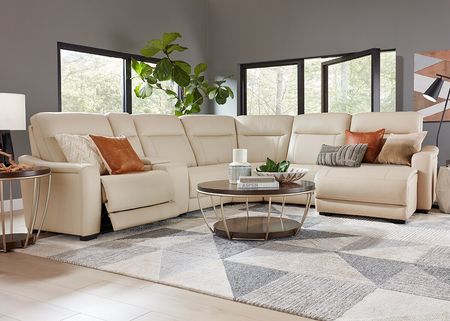 Newport Beige Leather 6 Pc. Power Reclining Sectional W/ Power Headrests & 2 Armless Chairs & Chaise By Drew & Jonathan