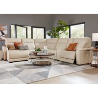 Newport Beige Leather 6 Pc. Power Reclining Sectional W/ Power Headrests, 2 Armless Chairs & Chaise By Drew & Jonathan (Reverse)