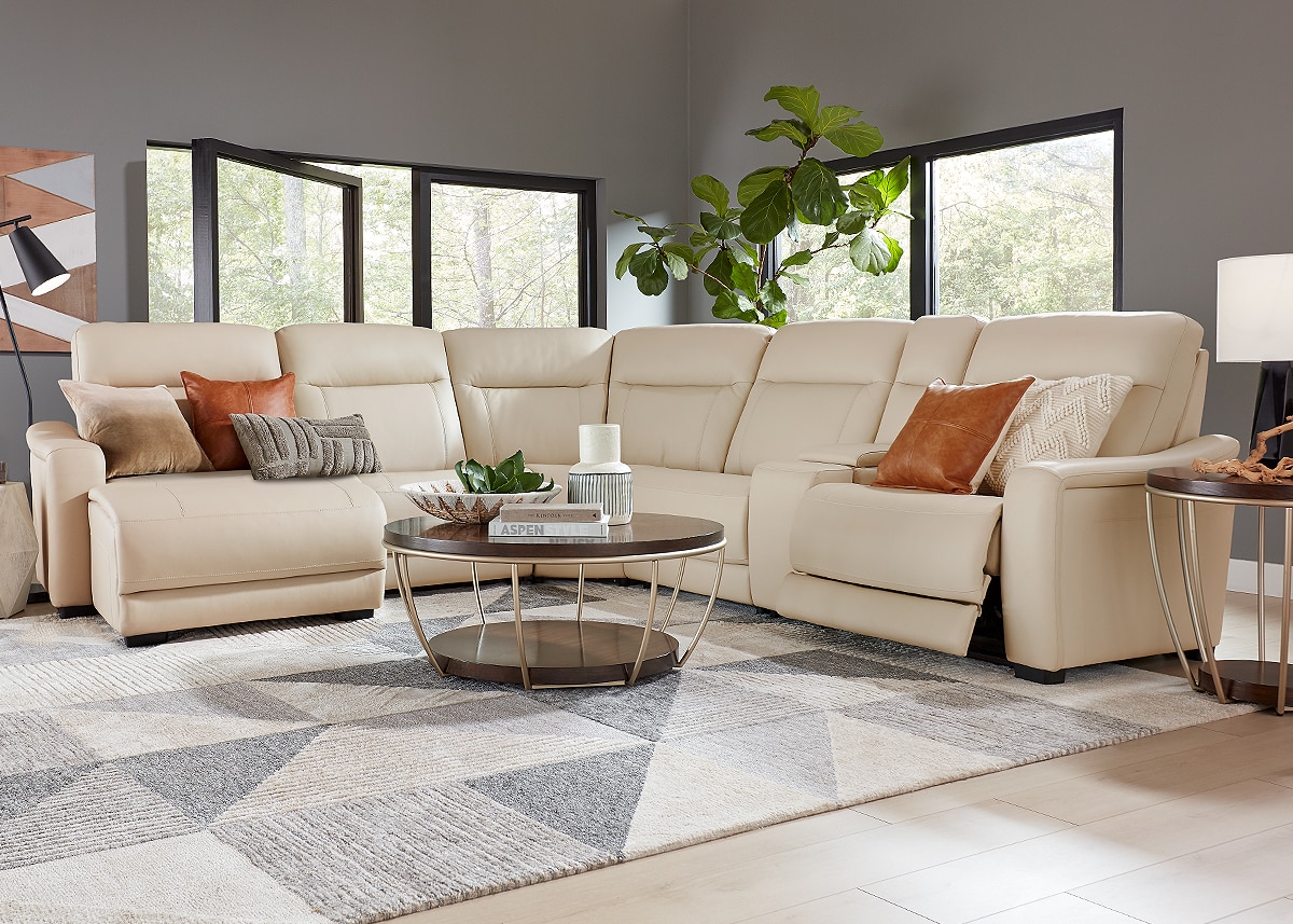 Newport Beige Leather 6 Pc. Power Reclining Sectional W/ Power Headrests, 2 Armless Chairs & Chaise By Drew & Jonathan (Reverse)