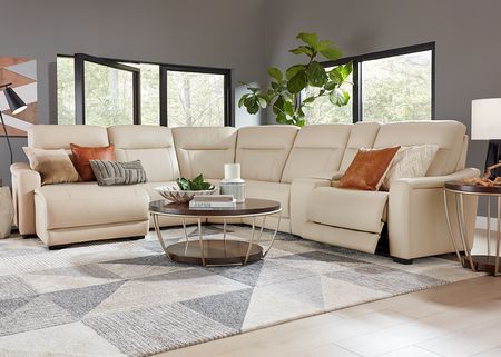 Newport Beige Leather 6 Pc. Power Reclining Sectional W/ Power Headrests & Chaise By Drew & Jonathan (Reverse)