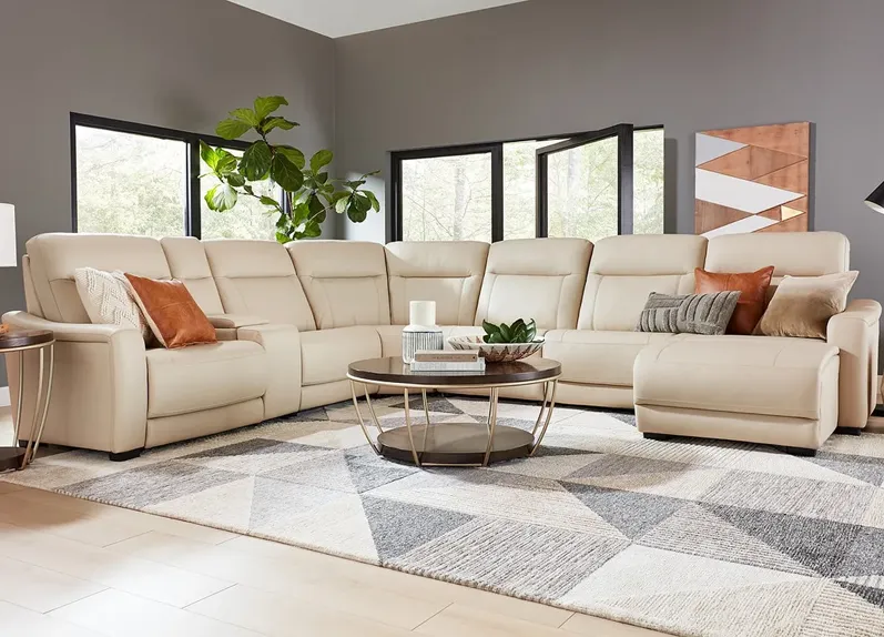 Newport Beige Leather 7 Pc. Power Reclining Sectional W/ Power Headrests, 2 Armless Chairs & Chaise By Drew & Jonathan