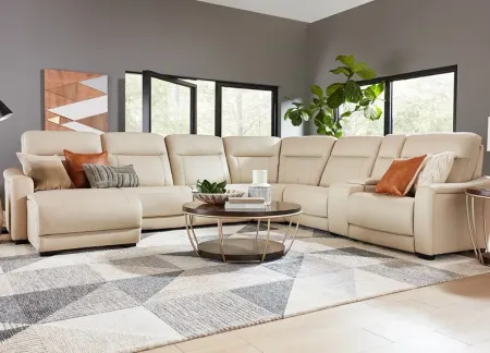 Newport Beige Leather 7 Pc. Power Reclining Sectional W/ Power Headrests, 2 Armless Chairs & Chaise By Drew & Jonathan (Reverse)