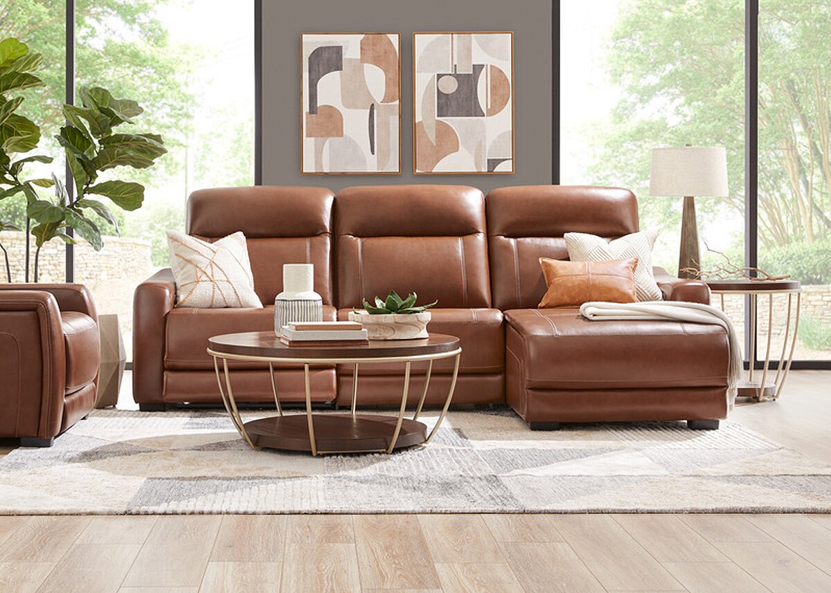 Newport Brown Leather 3 Pc. Power Reclining Sectional W/ Chaise By Drew & Jonathan