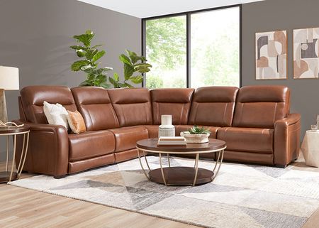 Newport Brown Leather 5 Pc. Power Reclining Sectional W/ Power Headrests & 2 Armless Chairs By Drew & Jonathan