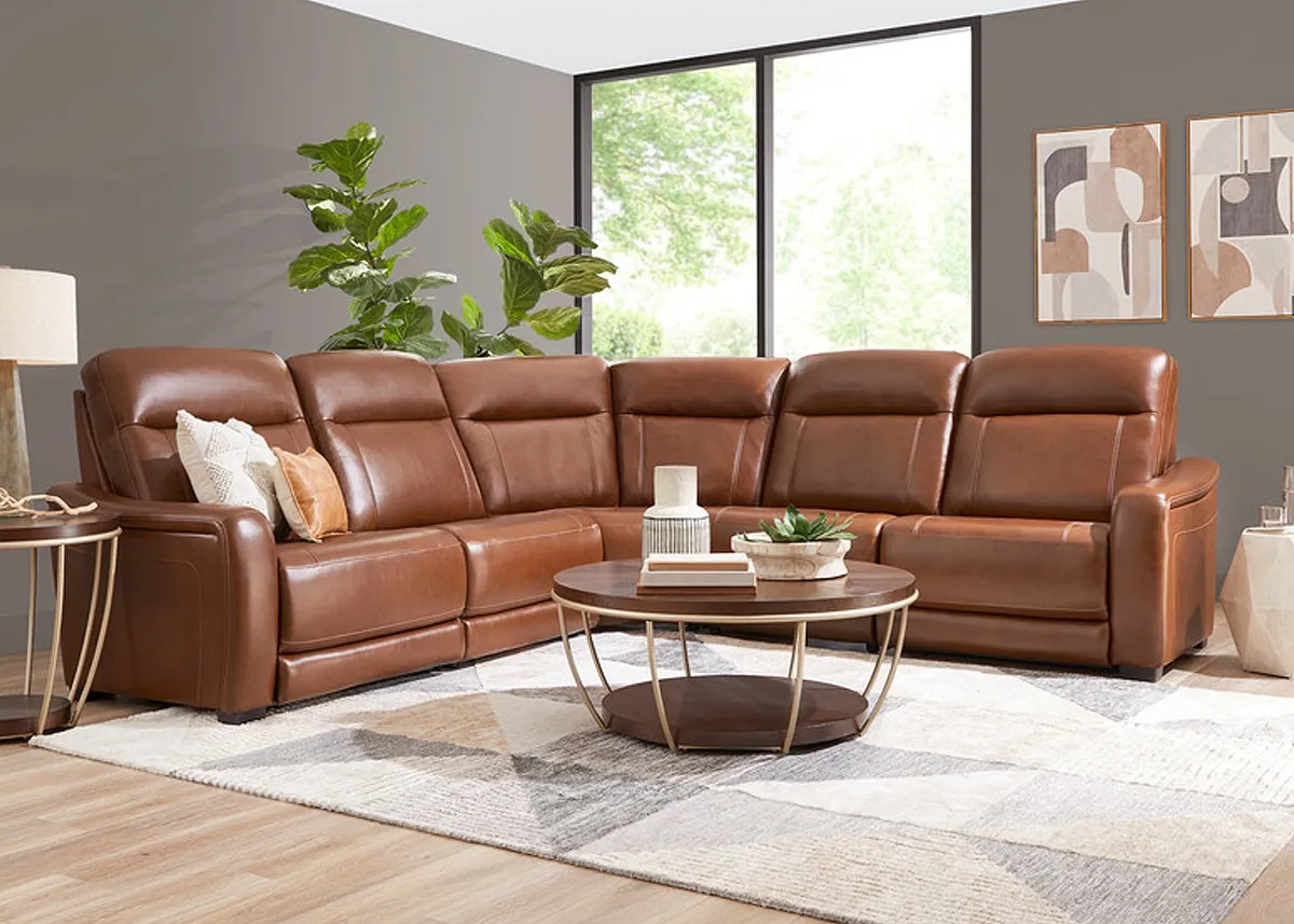 Newport Brown Leather 5 Pc. Power Reclining Sectional W/ Power Headrests By Drew & Jonathan