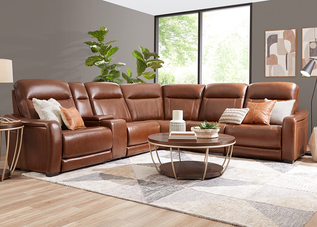 Newport Brown Leather 6 Pc. Power Reclining Sectional W/ Power Headrests, 2 Armless Chairs By Drew & Jonathan