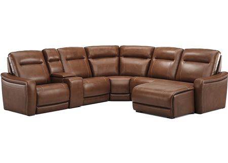 Newport Brown Leather 6 Pc. Power Reclining Sectional W/ Power Headrests & 2 Armless Chairs & Chaise By Drew & Jonathan