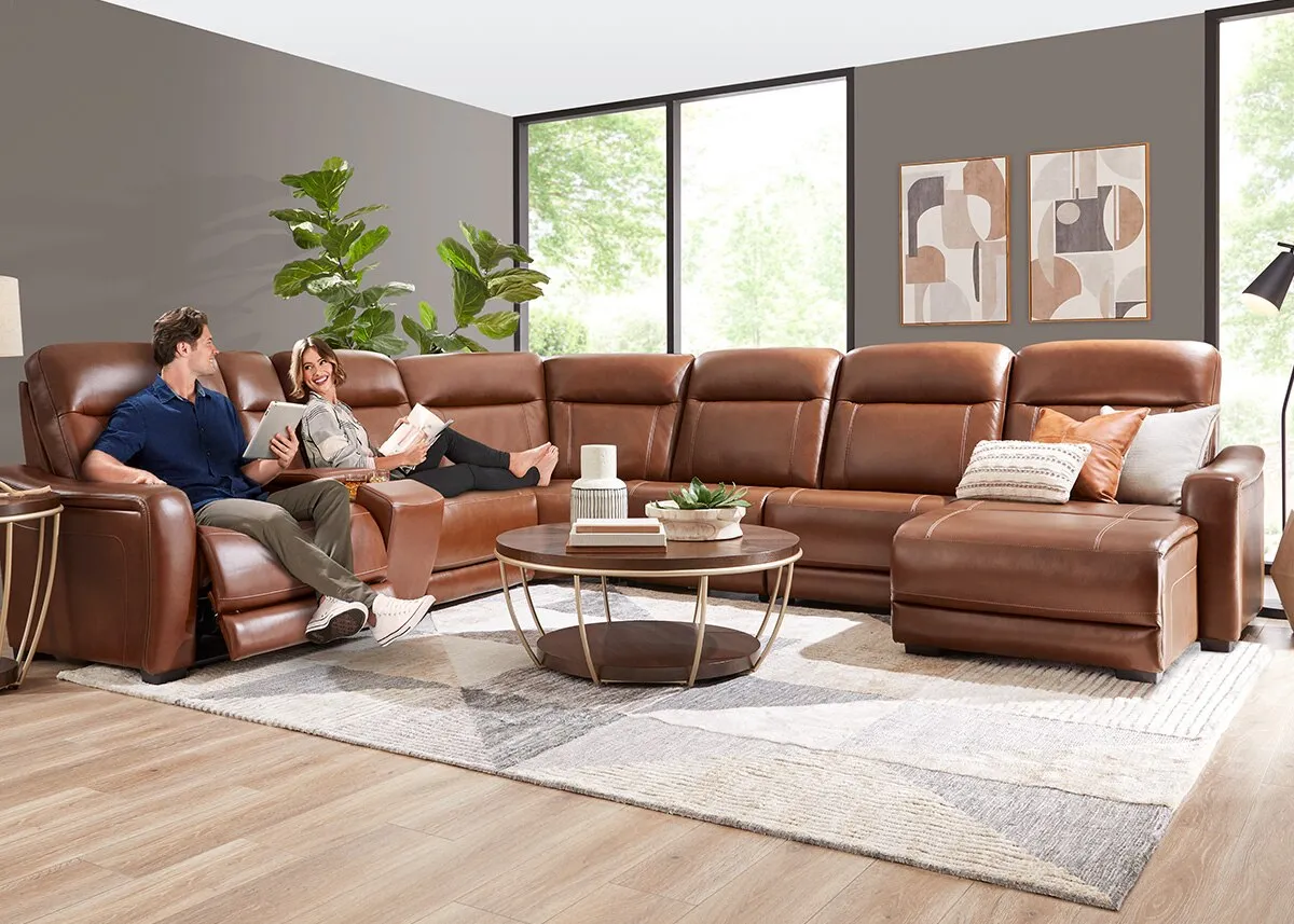 Newport Brown Leather 6 Pc. Power Reclining Sectional W/ Power Headrests & 2 Armless Chairs & Chaise By Drew & Jonathan