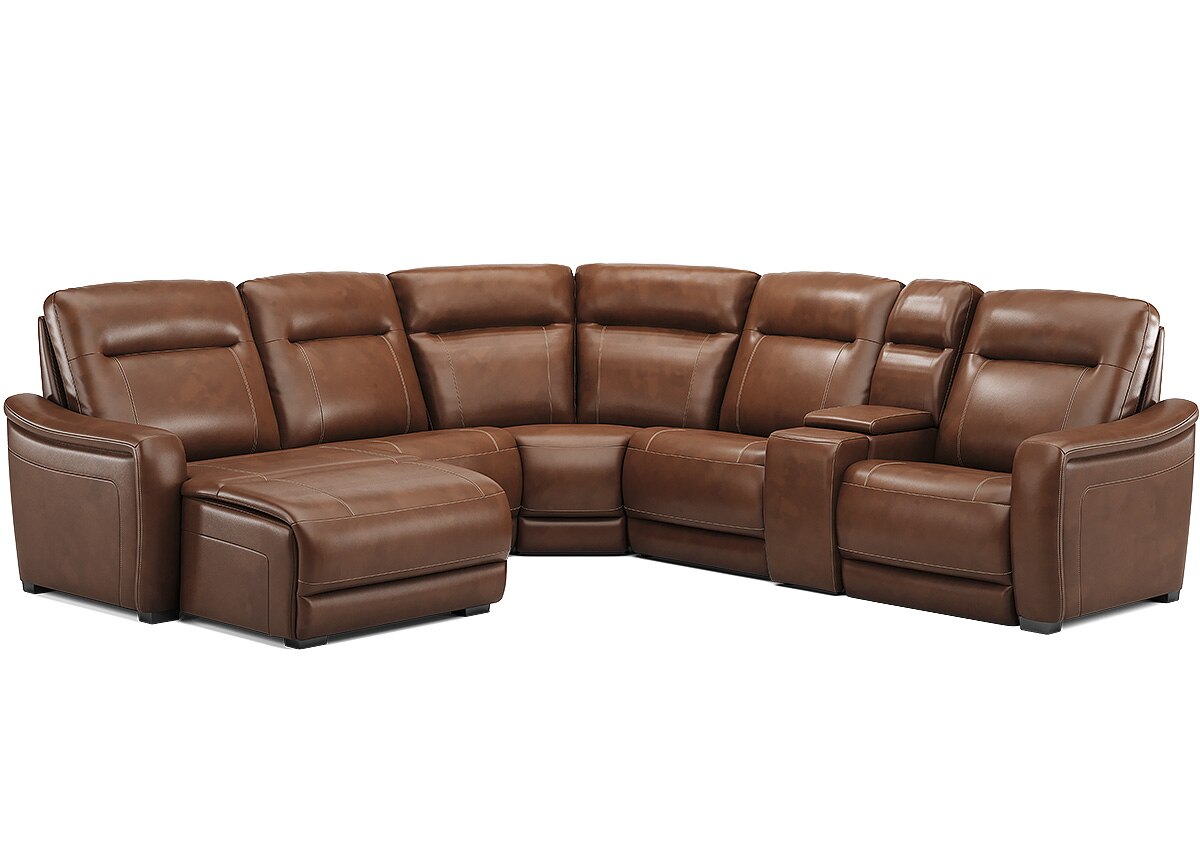 Newport Brown Leather 6 Pc. Power Reclining Sectional W/ Power Headrests, 2 Armless Chairs & Chaise By Drew & Jonathan (Reverse)