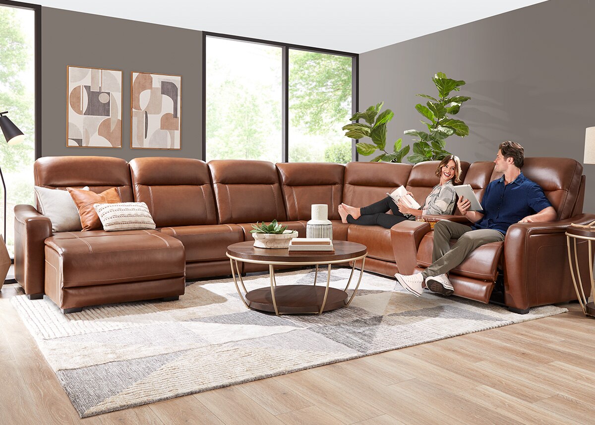 Newport Brown Leather 6 Pc. Power Reclining Sectional W/ Power Headrests, 2 Armless Chairs & Chaise By Drew & Jonathan (Reverse)