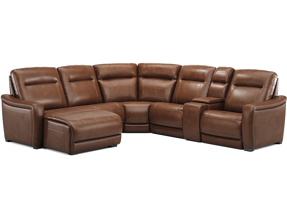 Newport Brown Leather 6 Pc. Power Reclining Sectional W/ Power Headrests & Chaise By Drew & Jonathan (Reverse)