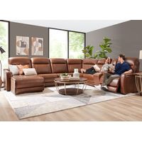Newport Brown Leather 6 Pc. Power Reclining Sectional W/ Power Headrests & Chaise By Drew & Jonathan (Reverse)