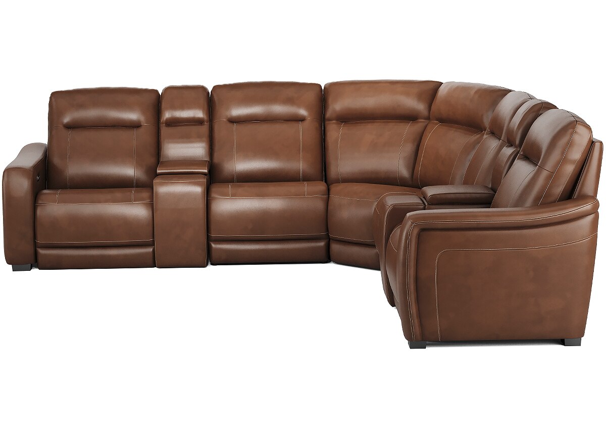 Newport Brown Leather 7 Pc. Power Reclining Sectional W/ Power Headrests & 2 Armless Chairs By Drew & Jonathann