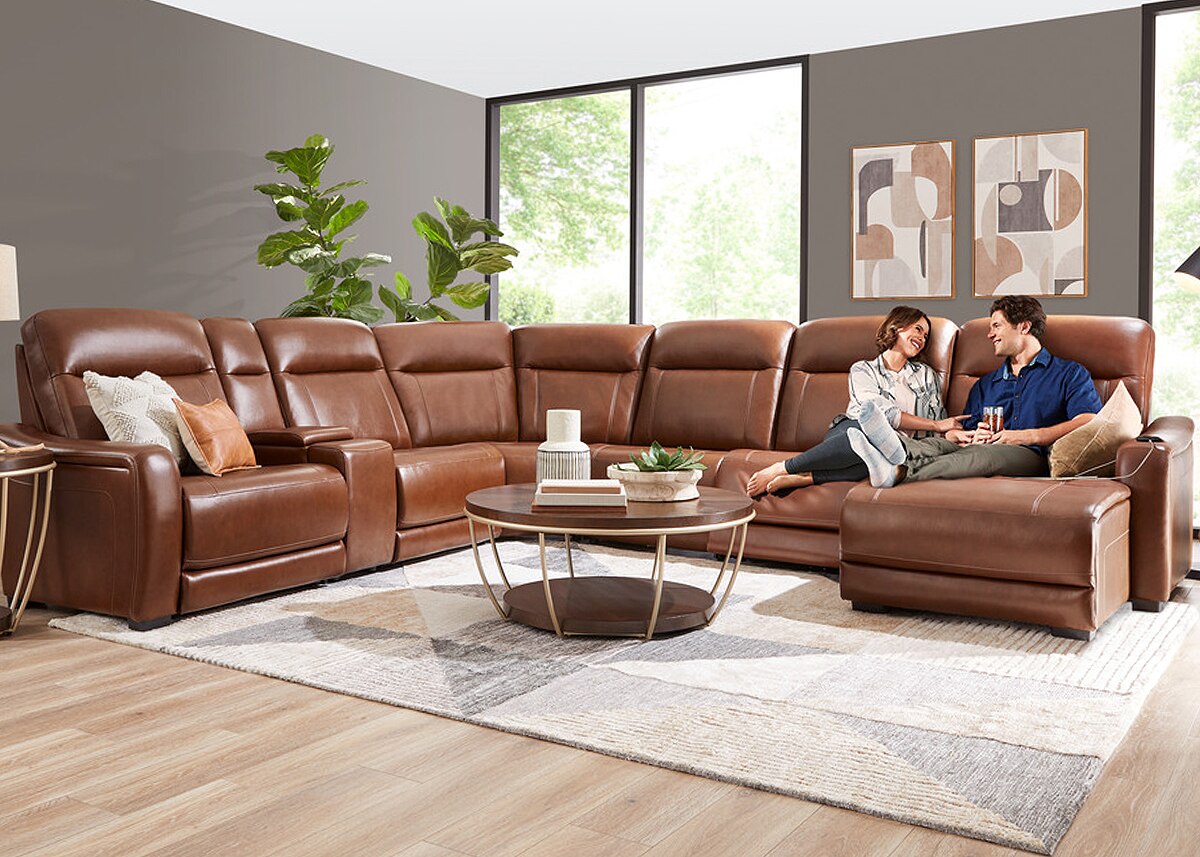 Newport Brown Leather 7 Pc. Power Reclining Sectional W/ Power Headrests, 2 Armless Chairs & Chaise By Drew & Jonathan
