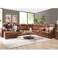 Newport Brown Leather 7 Pc. Power Reclining Sectional W/ Power Headrests, 2 Armless Chairs & Chaise By Drew & Jonathan (Reverse)