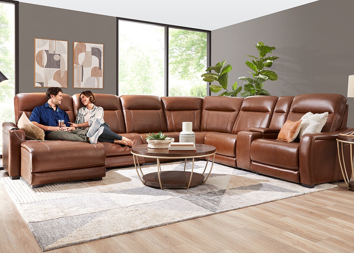 Newport Brown Leather 7 Pc. Power Reclining Sectional W/ Power Headrests, 2 Armless Chairs & Chaise By Drew & Jonathan (Reverse)