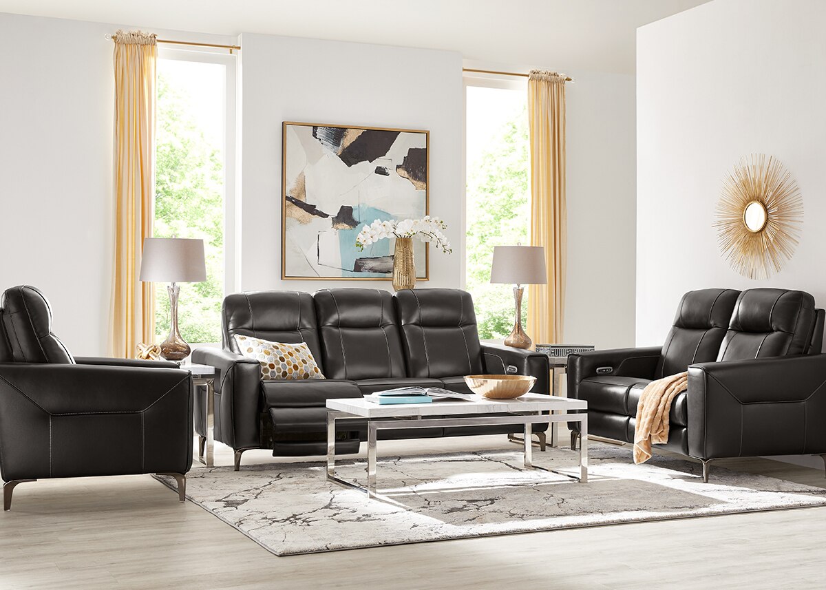 Parkside Heights Black Leather 3 Pc. Power Reclining Living Room W/ Power Headrests By Drew & Jonathan