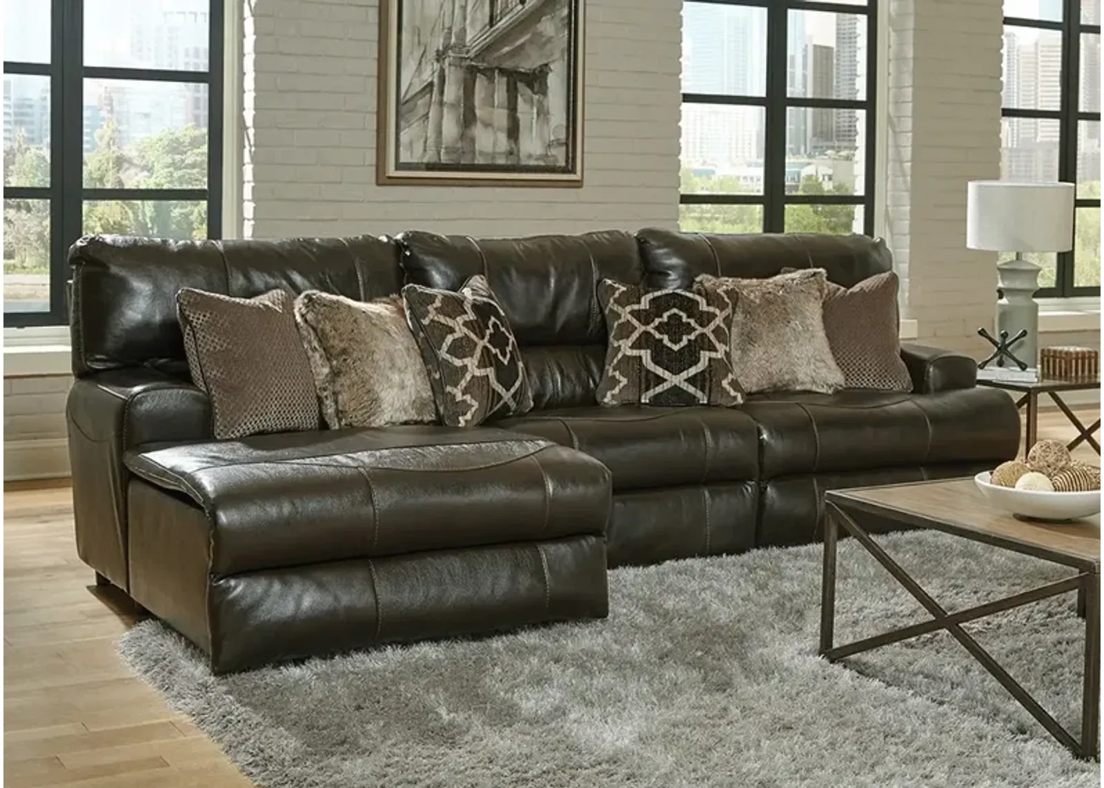 Nasim Brown Leather 3 Pc. Power Reclining Sectional W/ Chaise (Reverse)