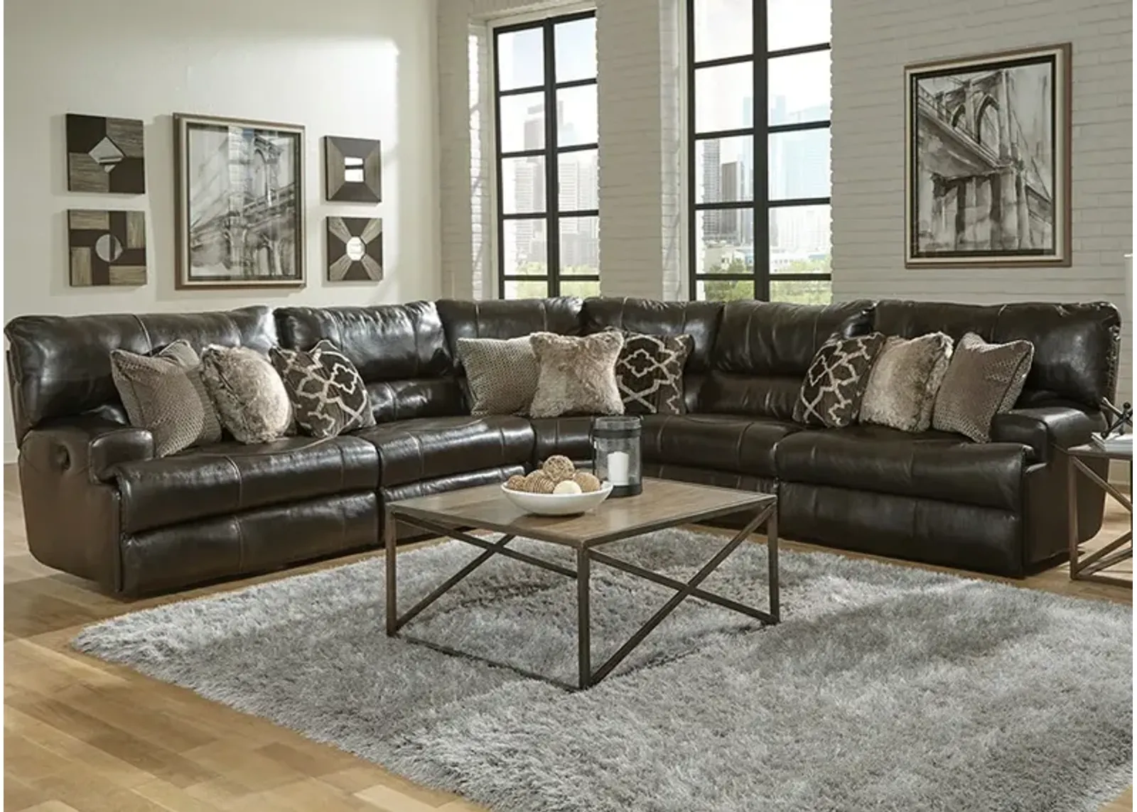 Nasim Brown Leather 5 Pc. Power Reclining Sectional W/ 2 Armless Chairs