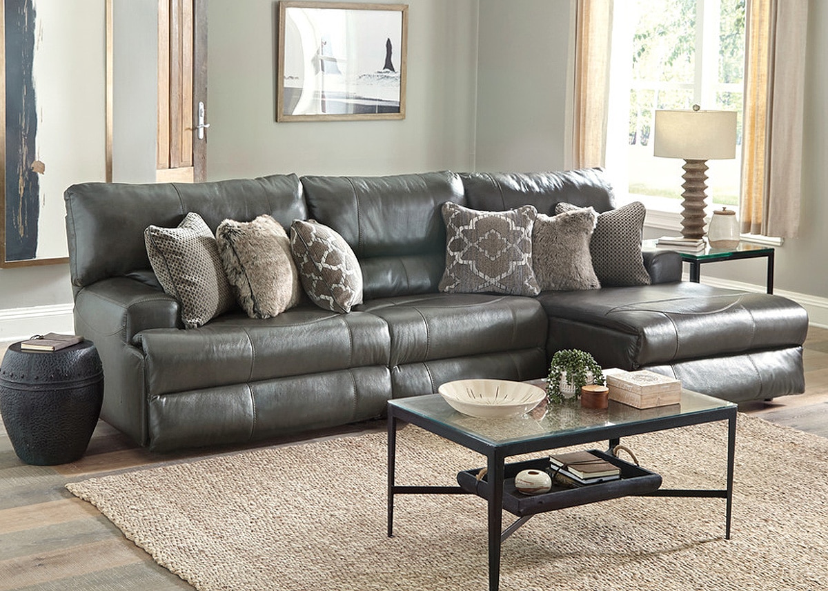 Nasim Gray Leather 3 Pc. Power Reclining Sectional W/ Chaise