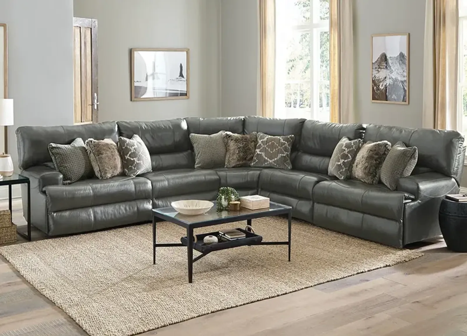 Nasim Gray Leather 5 Pc. Power Reclining Sectional W/ 2 Armless Chairs