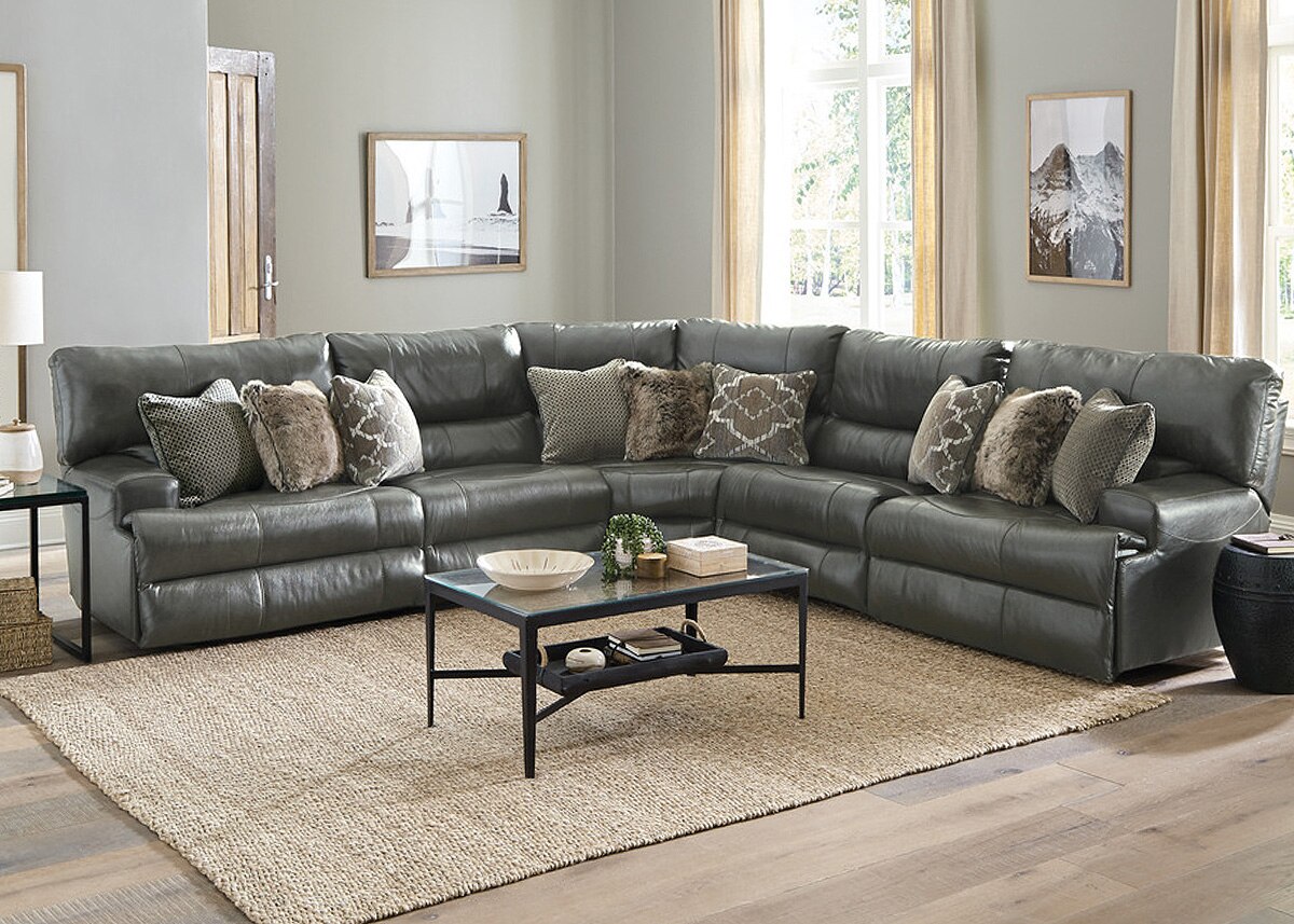 Nasim Gray Leather 5 Pc. Power Reclining Sectional W/ 2 Armless Chairs