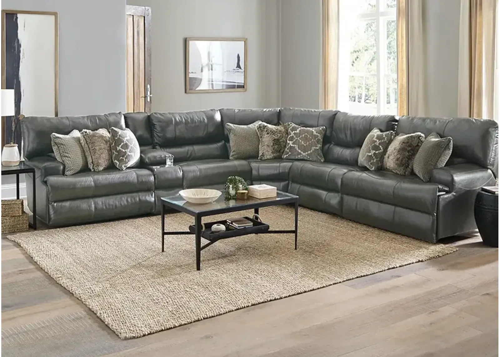 Nasim Gray Leather 6 Pc. Power Reclining Sectional W/ 2 Armless Chairs