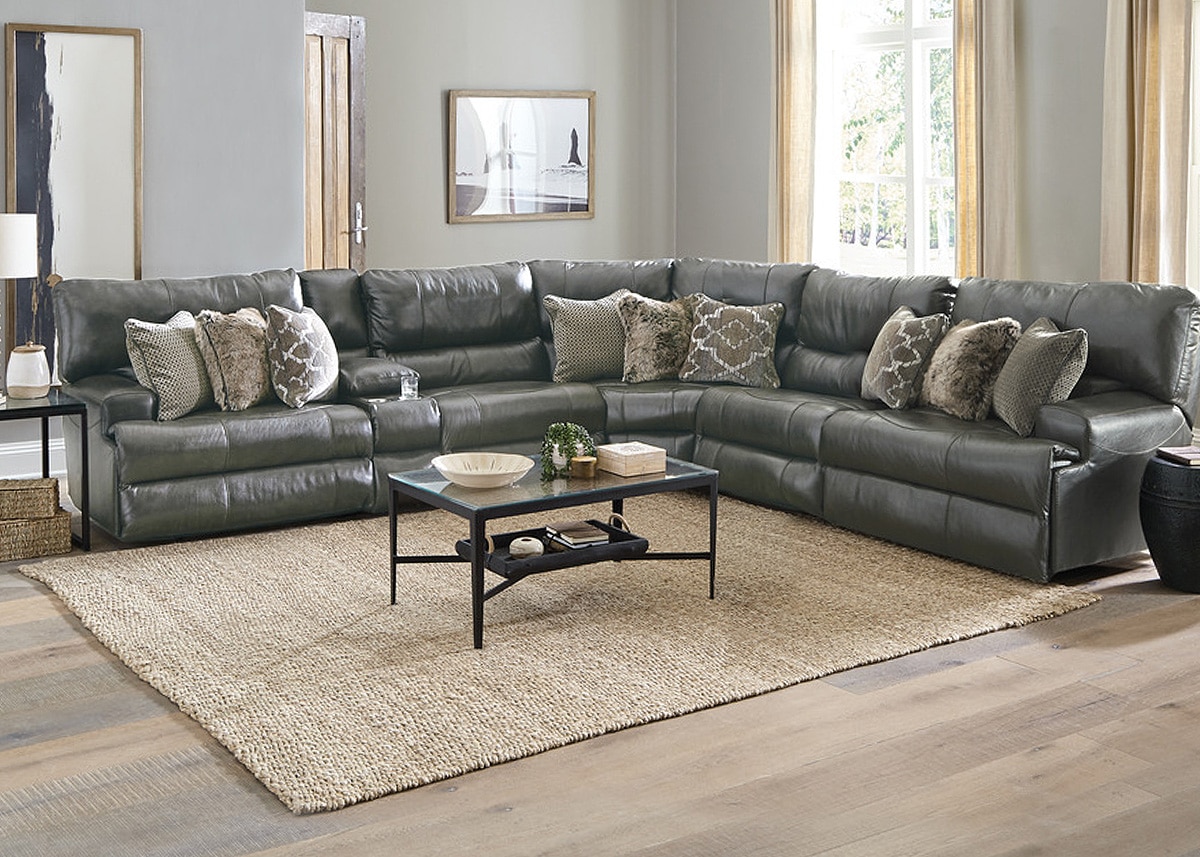 Nasim Gray Leather 6 Pc. Power Reclining Sectional W/ 2 Armless Chairs