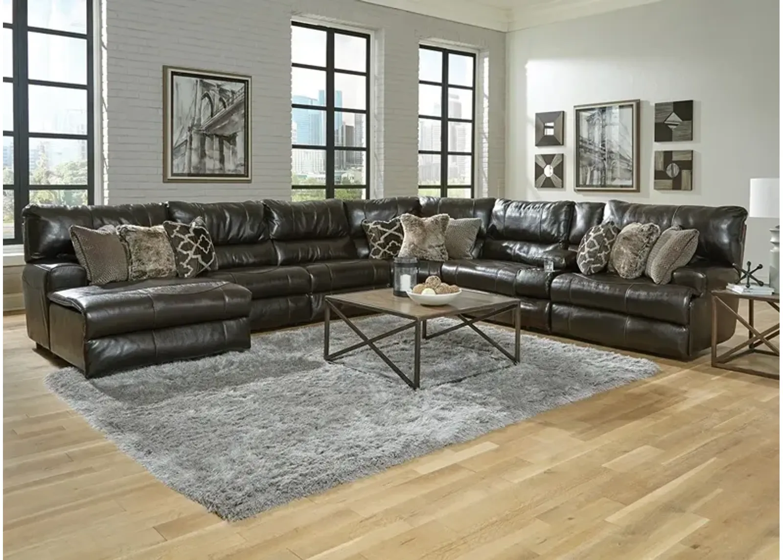 Nasim Brown Leather 7 Pc. Power Reclining Sectional W/ Chaise (Reverse)