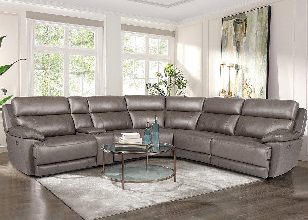 Joliet Brown Leather 6 Pc. Power Reclining Sectional W/ 2 Armless Chairs