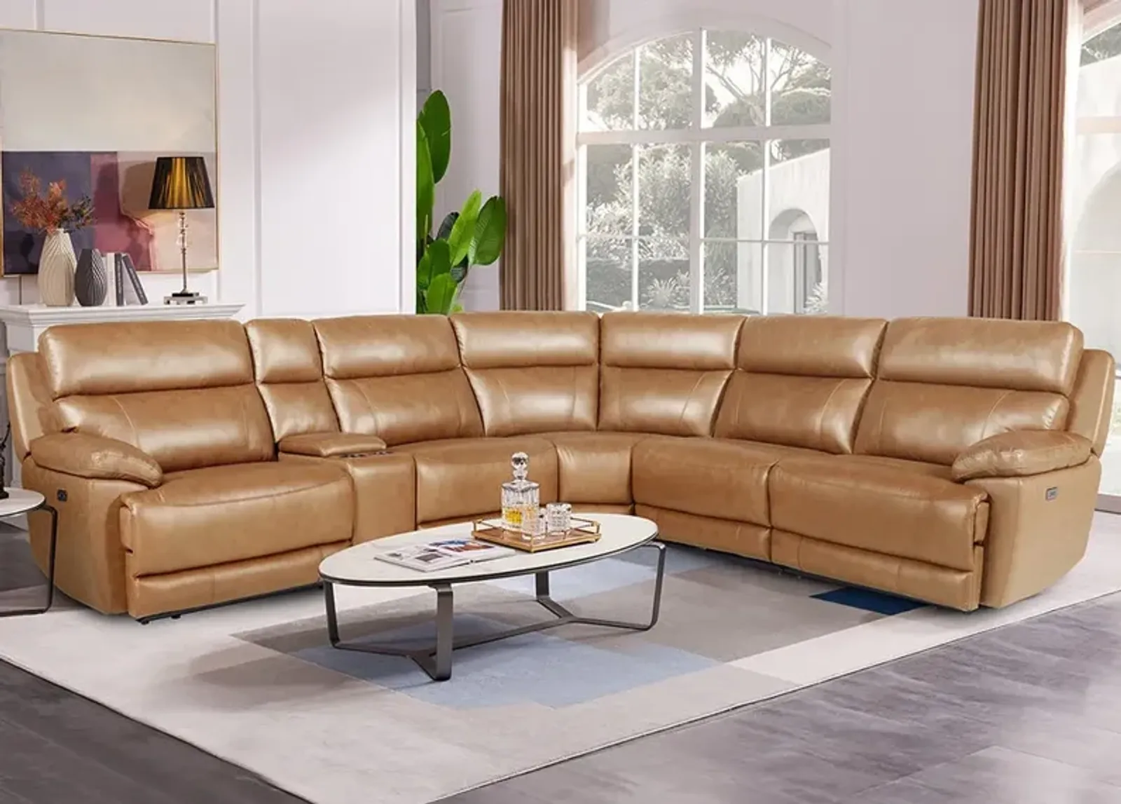 Joliet Tan Leather 6 Pc. Power Reclining Sectional W/ 2 Armless Chairs