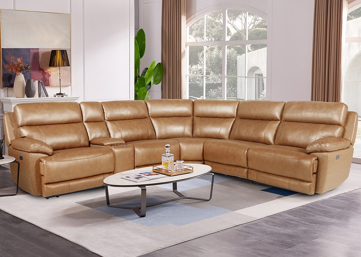 Joliet Tan Leather 6 Pc. Power Reclining Sectional W/ 2 Armless Chairs