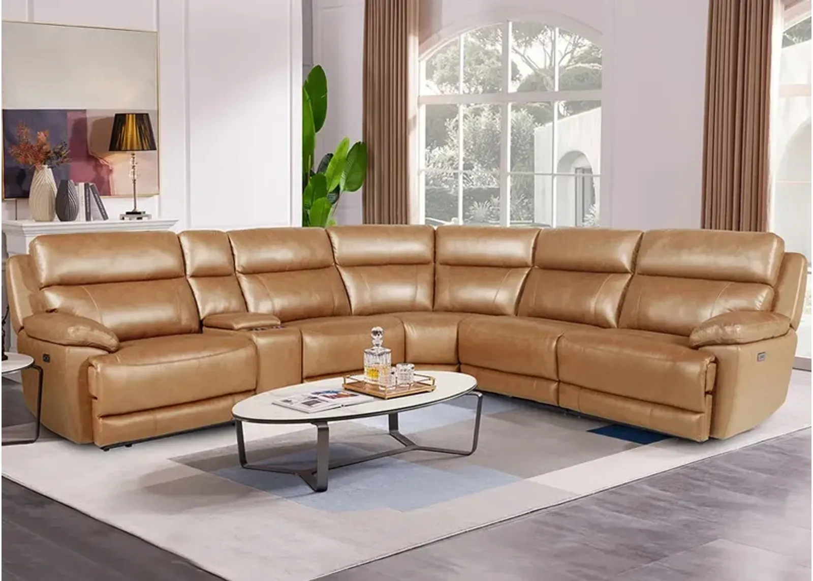 Joliet Tan Leather 6 Pc. Power Reclining Sectional