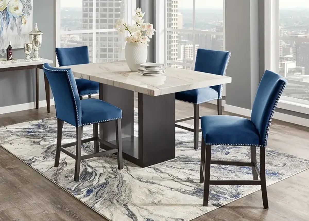 Cosmopolitan 5 Pc. Counter Height Dinette w/White Marble & Blue Chairs