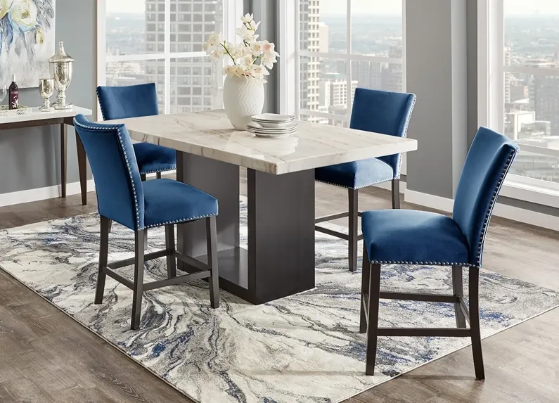 Cosmopolitan 5 Pc. Counter Height Dinette w/White Marble & Blue Chairs