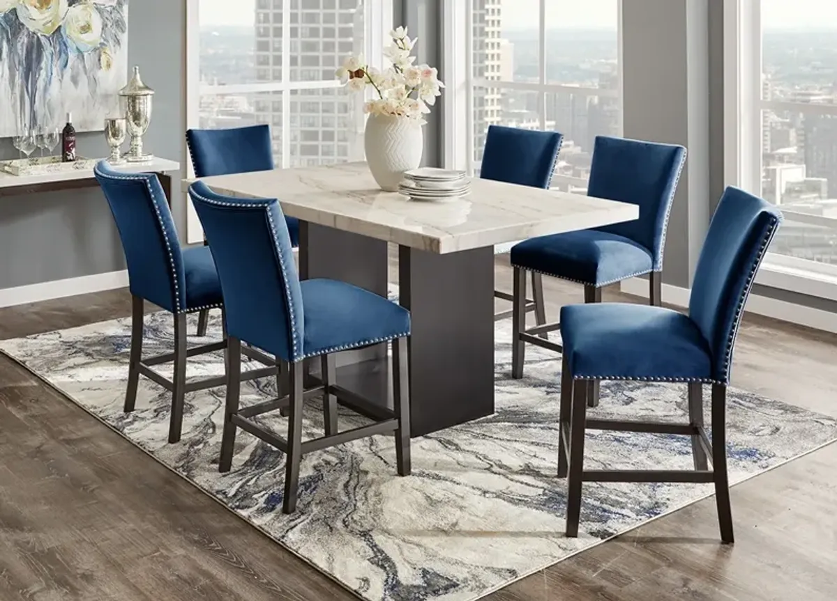 Cosmopolitan 7 Pc. Counter Height Dinette w/White Marble & Blue Chairs