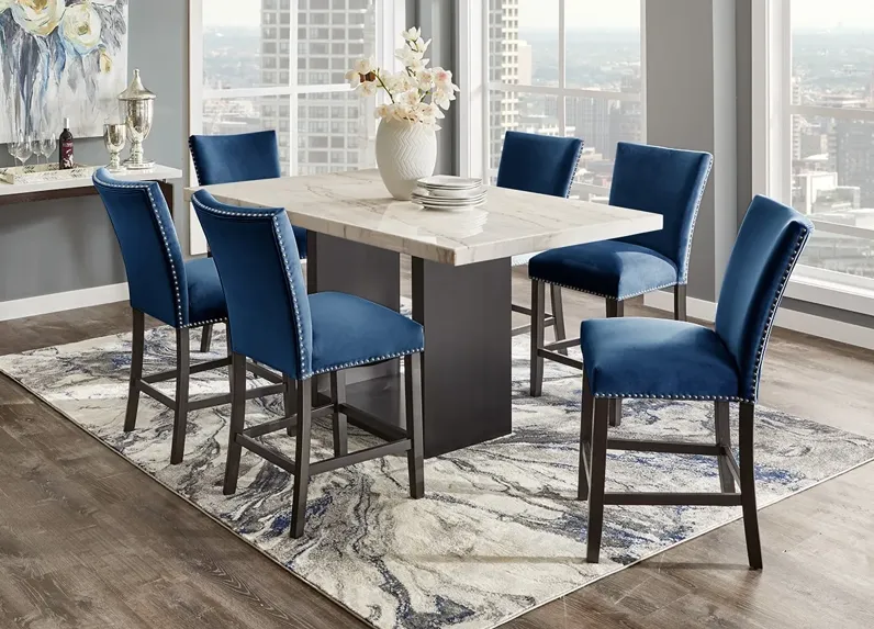 Cosmopolitan 7 Pc. Counter Height Dinette w/White Marble & Blue Chairs