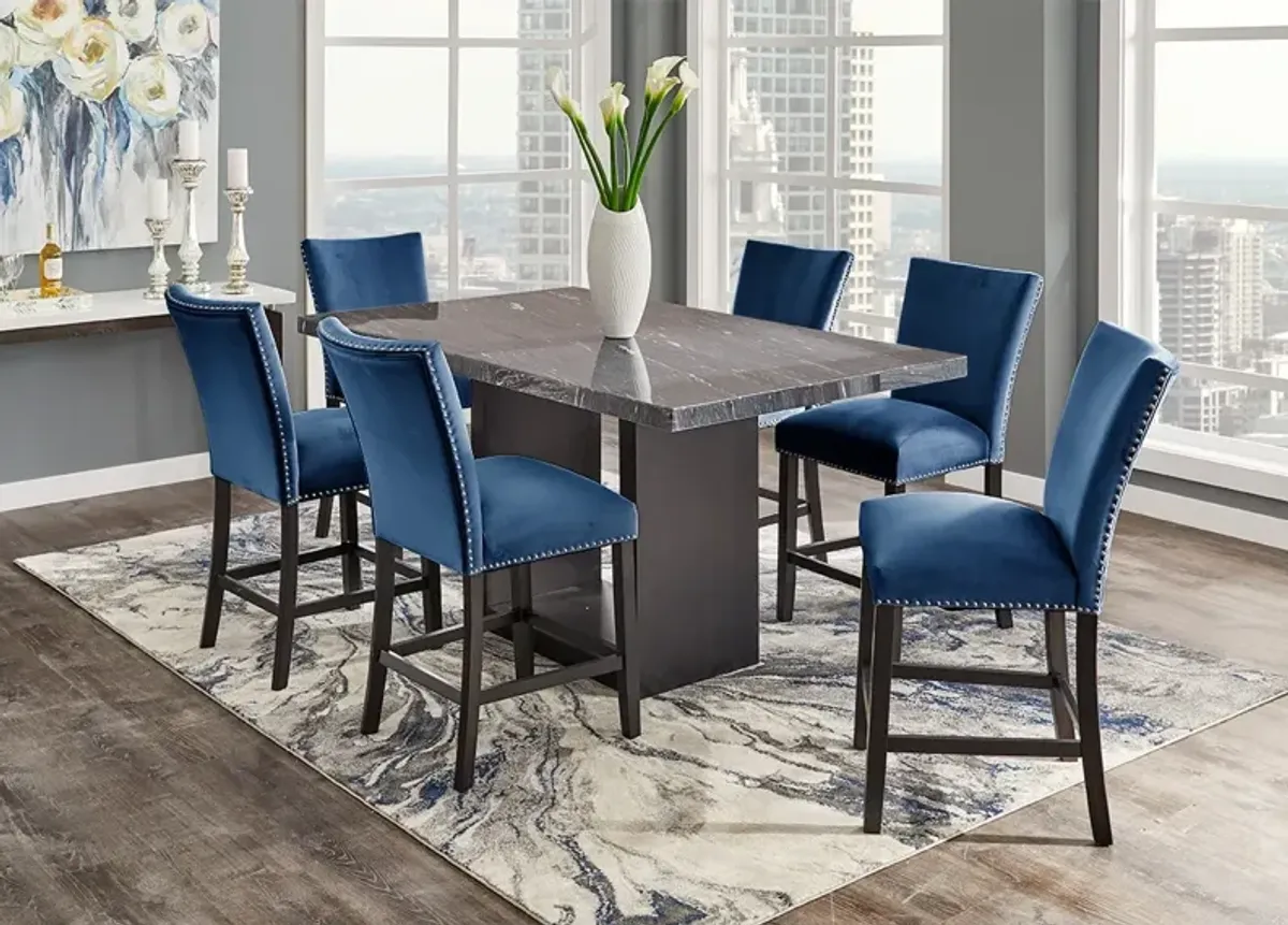 Cosmopolitan 7 Pc. Counter Height Dinette w/Gray Marble & Blue Chairs