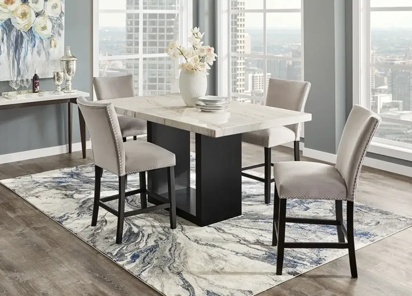 Cosmopolitan 5 Pc. Counter Height Dinette w/White Marble & Gray Chairs