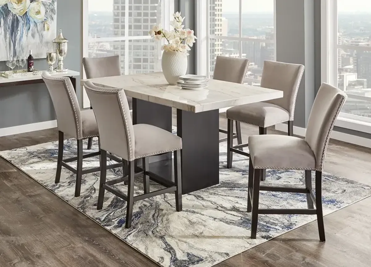 Cosmopolitan 7 Pc. Counter Height Dinette W/ White Marble & Gray Chairs