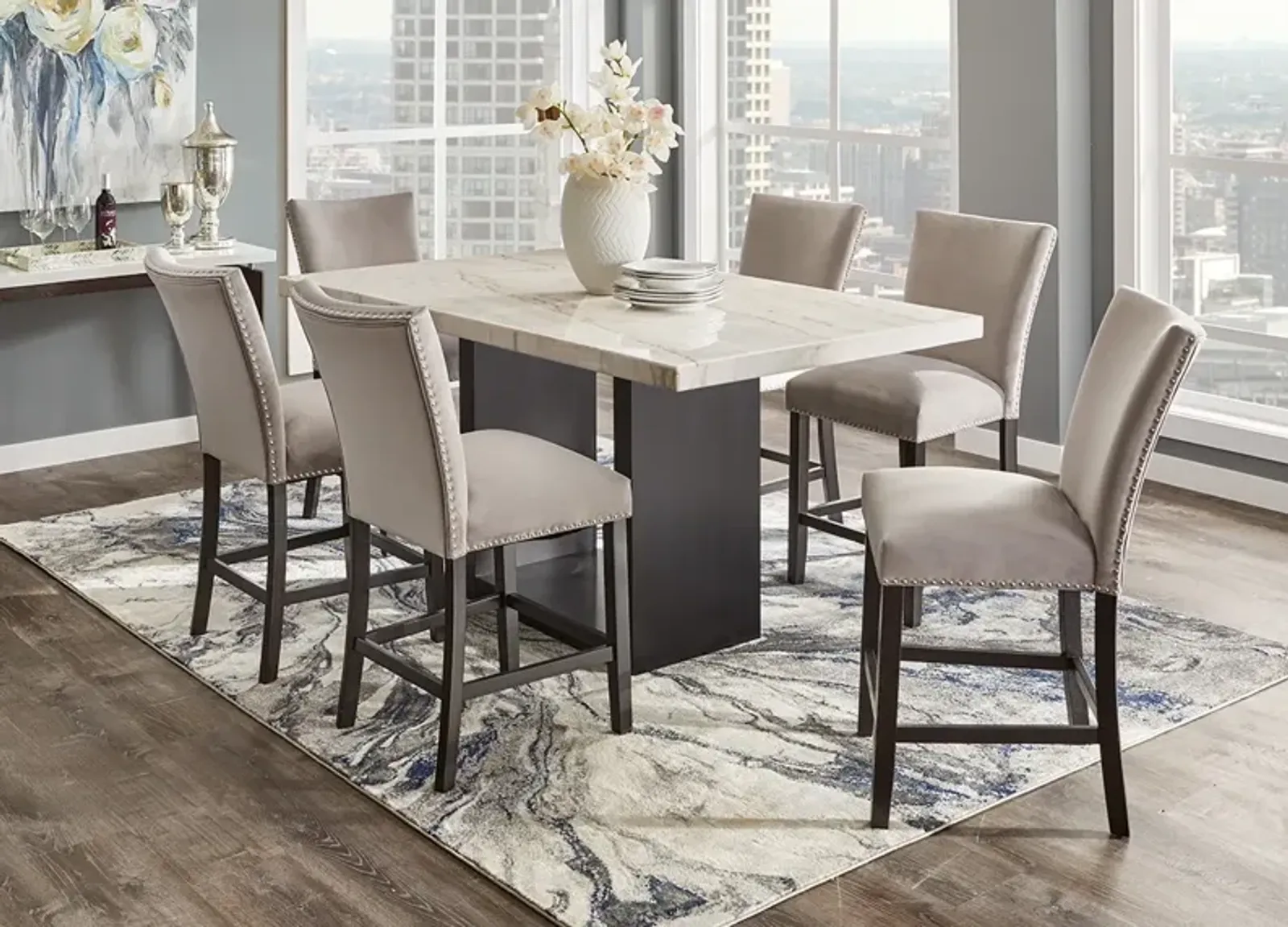 Cosmopolitan 7 Pc. Counter Height Dinette W/ White Marble & Gray Chairs