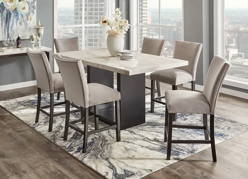 Cosmopolitan 7 Pc. Counter Height Dinette W/ White Marble & Gray Chairs