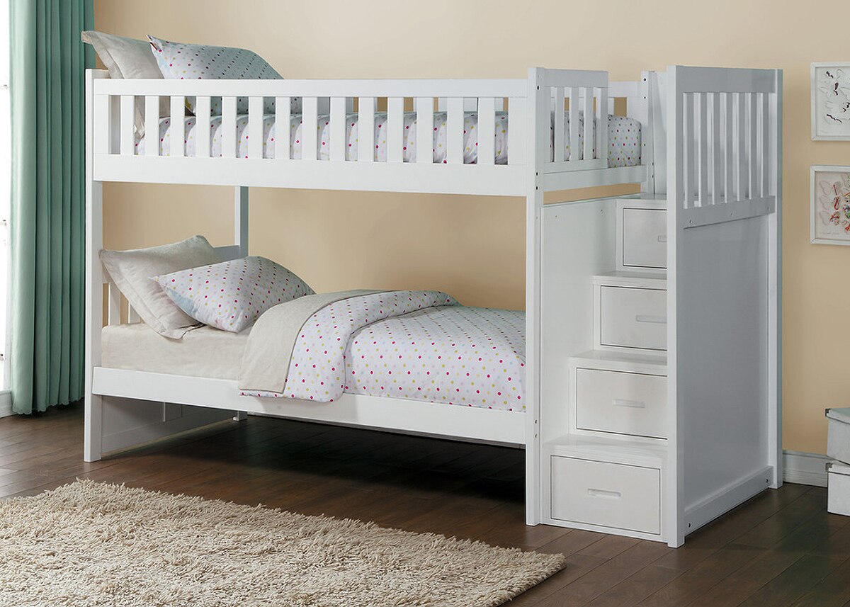 Kid's Space White Bunk Bed W/ Storage Staircase